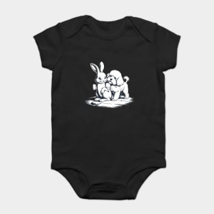 Black and White Illustration of a Rabbit and a Puppy Sitting Close Together Baby Bodysuit